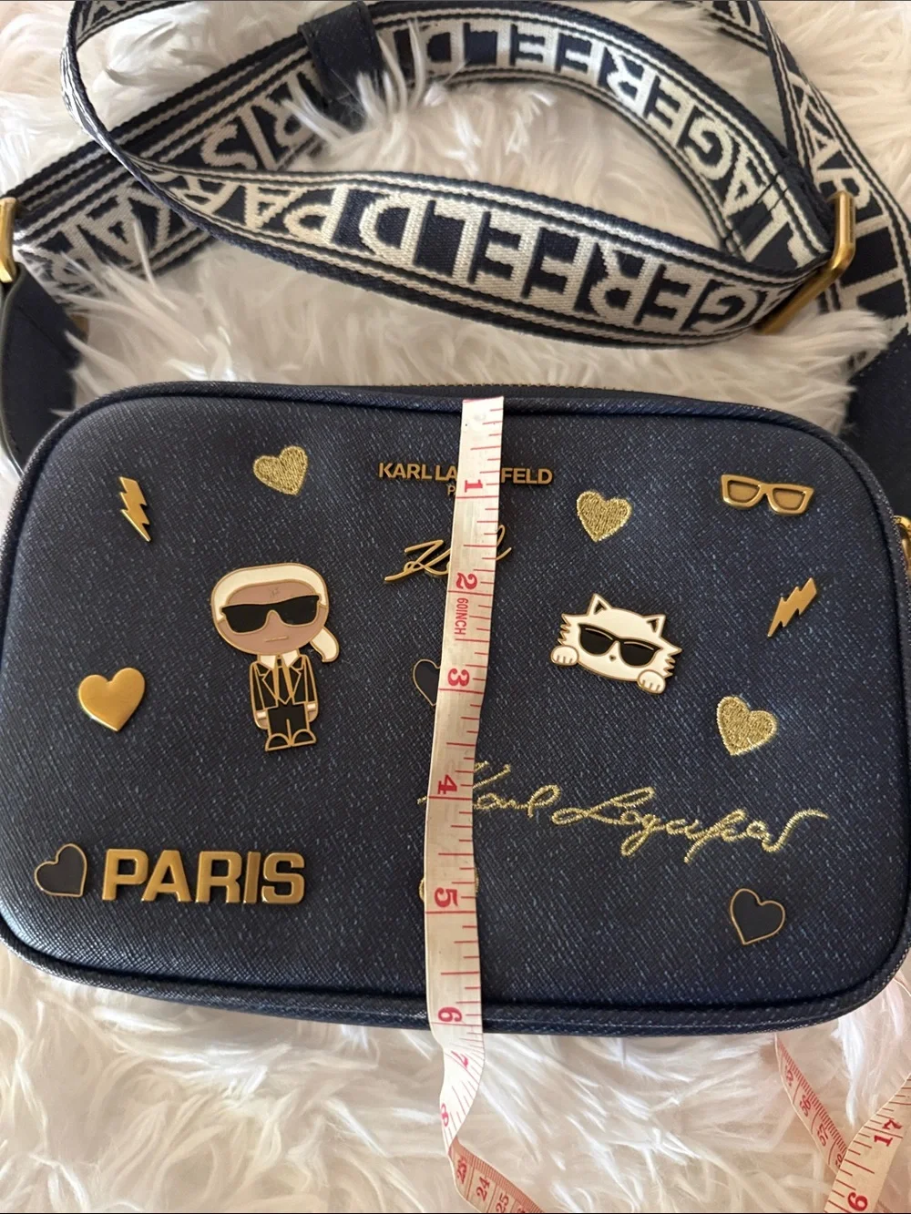 Karl Lagerfeld Navy and Gold Embellished Crossbody Messenger Bag